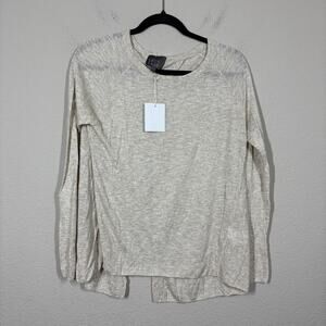 Leo & Sage Womens Size Small Open Back Top Shirt Tan Crew Neck Long Sleeves